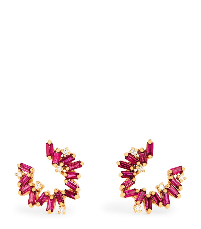 Suzanne Kalan rose gold diamond and ruby hoop earrings, UK version