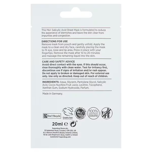 Me+ salicylic acid sheet mask, imported from the UK