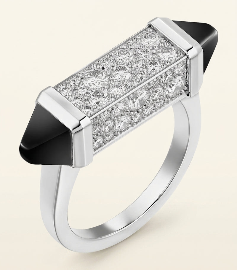 Cartier white gold diamond and onyx ring, imported from the UK