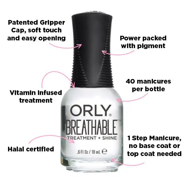 Orly Breathable Treatment + Shine nail polish bottle, imported from the UK