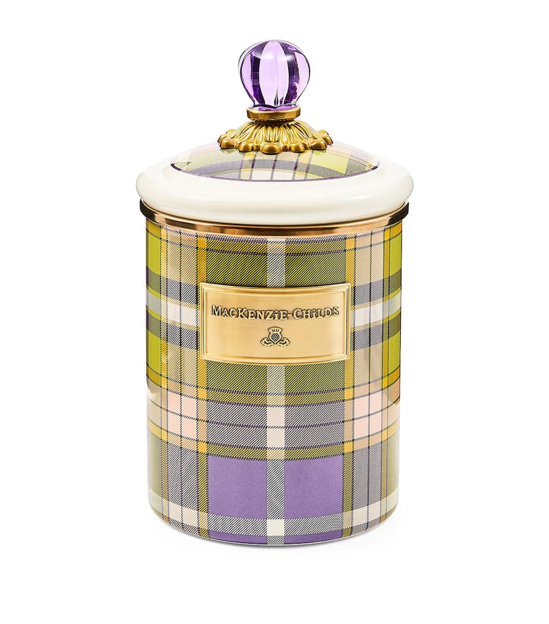 MacKenzie-Childs steel canister violet check 21.5cm, imported from the UK