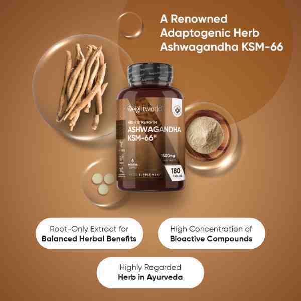 WeightWorld Ashwagandha supplement KSM-66 1500mg 180 tablets, imported from the UK