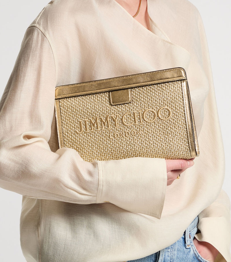 Jimmy Choo raffia leather-trim Avenue pouch, UK version