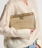 Jimmy Choo raffia leather-trim Avenue pouch, UK version