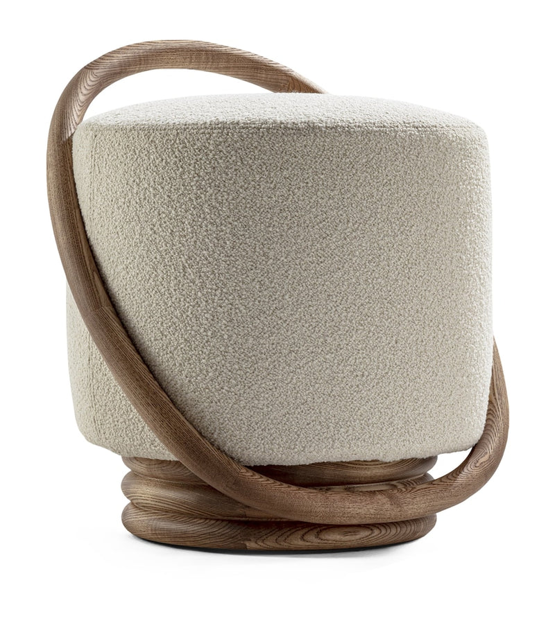 Upholstered Pouf with Wooden Handle and Backrest, 55cm x 52cm x 46cm