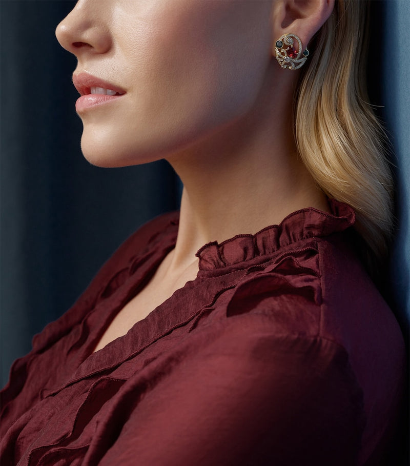 Boodles Presence Chamber earrings with rubies and sapphires, UK version