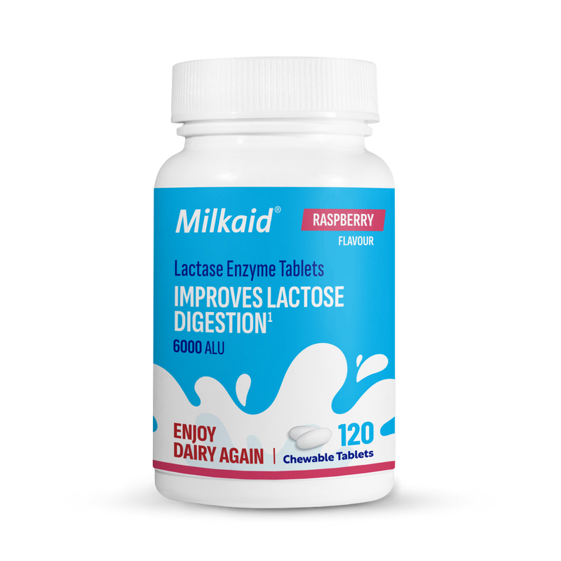Milkaid lactase enzyme tablets raspberry flavour 120 tablets, imported from the UK