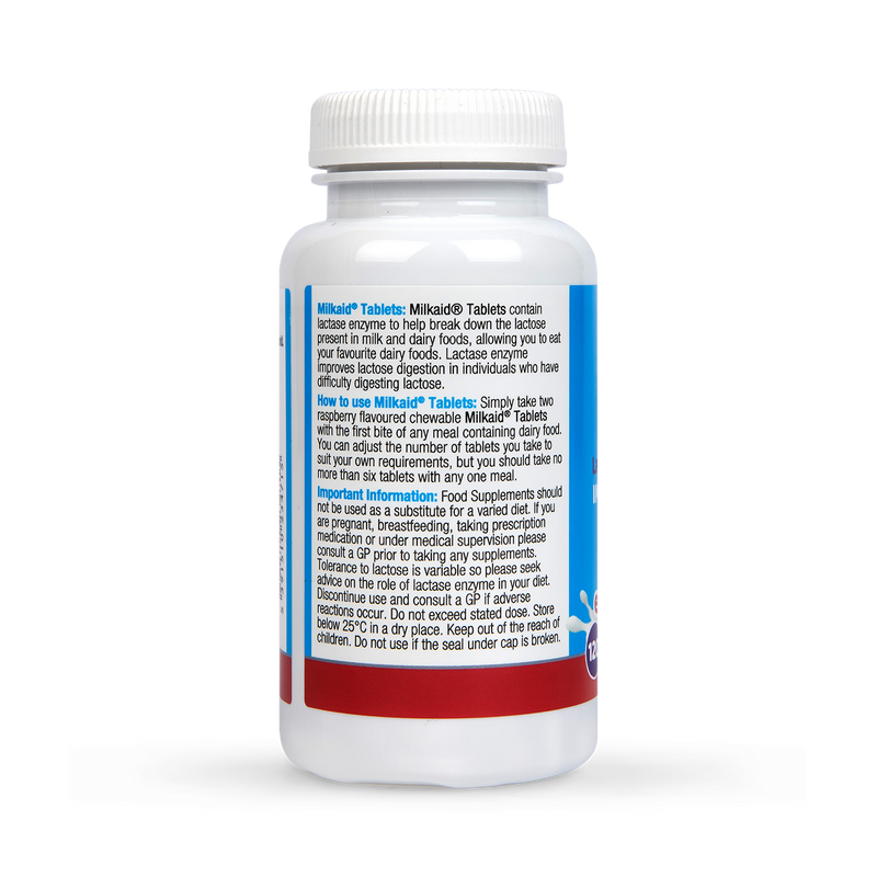 Milkaid lactase enzyme tablets raspberry flavour 120 tablets, imported from the UK