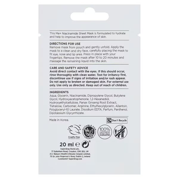Me+ Niacinamide Sheet Mask 20ml, imported from the UK