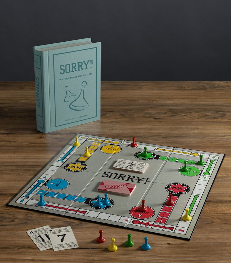 Vintage Bookshelf Sorry board game with fabric-covered book storage (British brand)