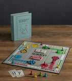 Vintage Bookshelf Sorry board game with fabric-covered book storage (British brand)
