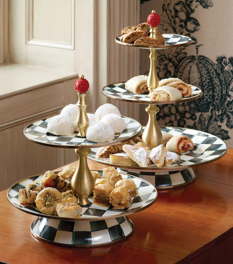 MacKenzie-Childs two-tier enamel cake stand with brass accents, 27cm, imported from the UK