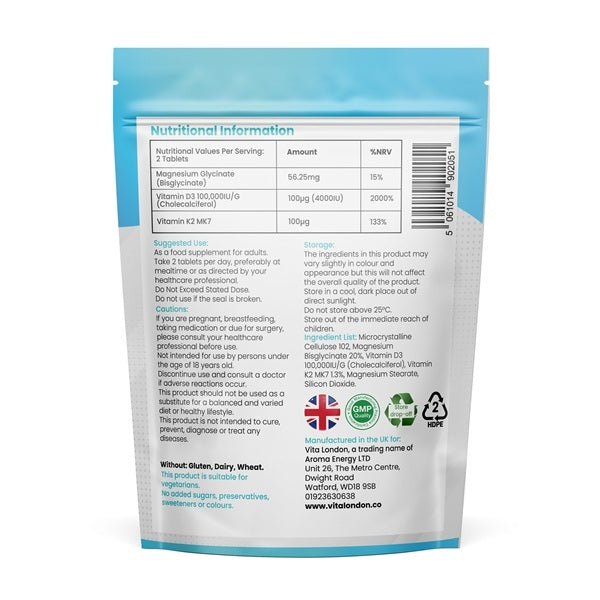 Vita London vitamin D3 K2 Magnesium 180 tablets, imported from the UK