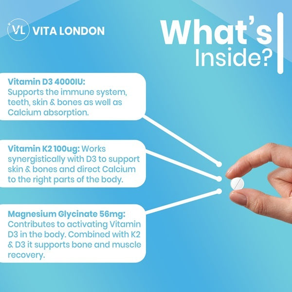 Vita London vitamin D3 K2 Magnesium 180 tablets, imported from the UK