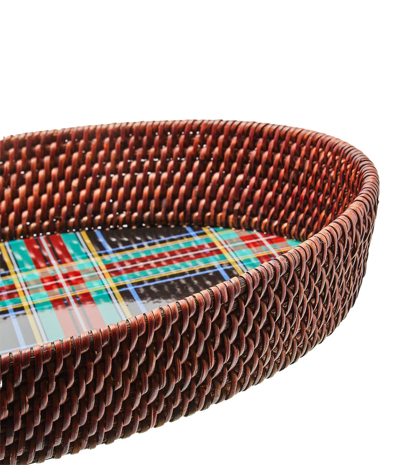 MacKenzie-Childs rattan-trim serving tray with tartan pattern 38cm, imported from the UK