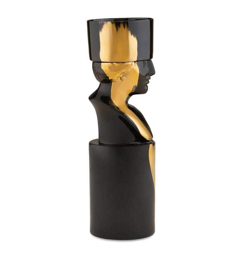 GINORI 1735 porcelain candle holder in black with gold-tone streak, UK version
