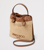 Jimmy Choo raffia drawstring pouch with leather trim, UK version