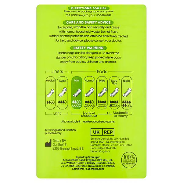 Superdrug Mini Incontinence Pads 20 pack (British brand)