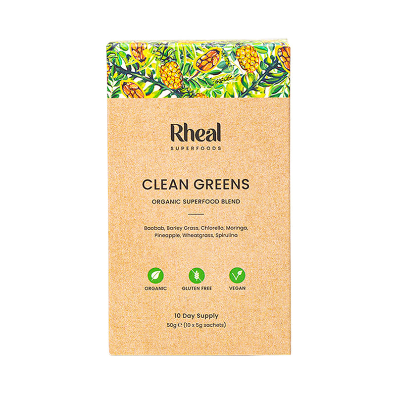 Rheal Clean Greens organic superfood blend 10 sachets, imported from the UK