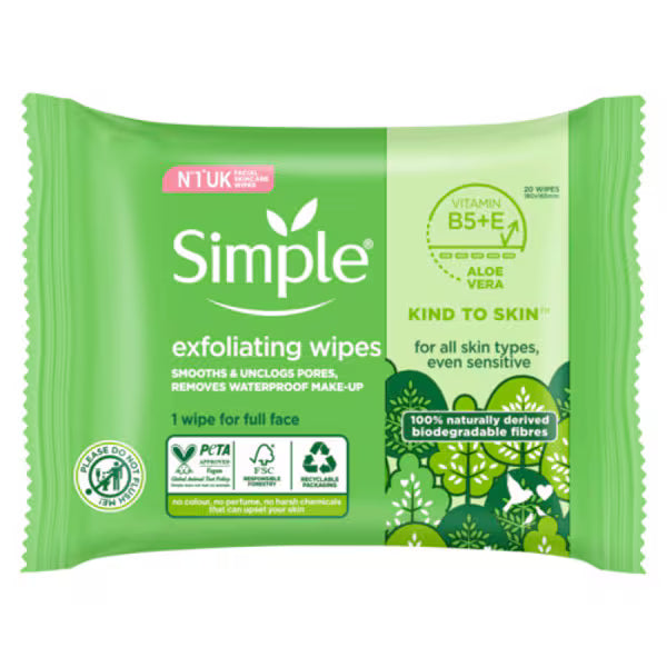 Simple biodegradable exfoliating face wipes 20 count (British brand)
