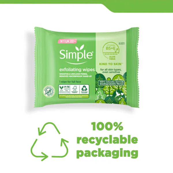 Simple biodegradable exfoliating face wipes 20 count (British brand)