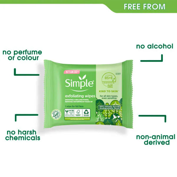 Simple biodegradable exfoliating face wipes 20 count (British brand)