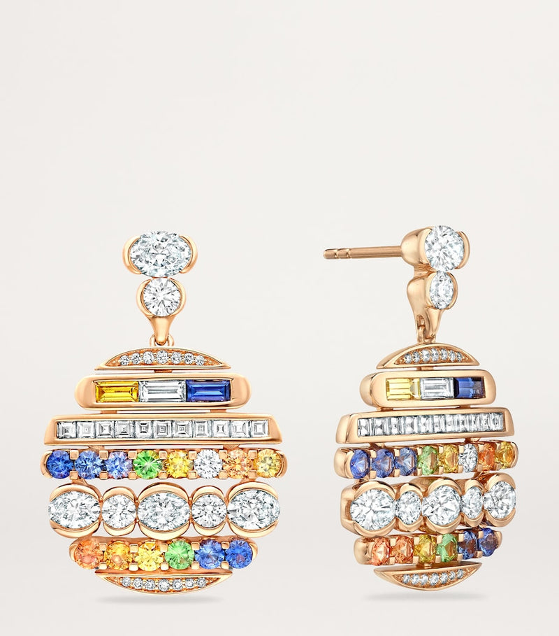 Boodles drop earrings in rose gold with diamonds, sapphires and tsavorite, UK version