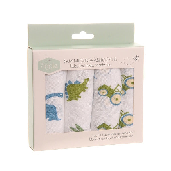 Ziggle muslin washcloths blue dinosaurs and tractor 4 pack (British brand)
