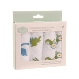 Ziggle muslin washcloths blue dinosaurs and tractor 4 pack (British brand)