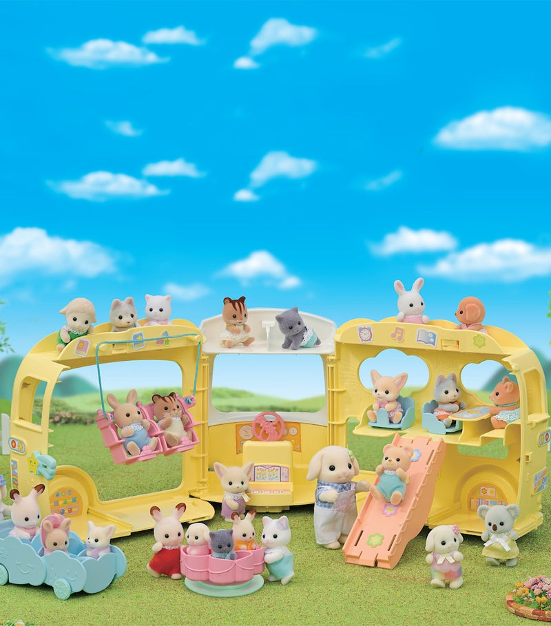 Sylvanian Families rainbow fun nursery bus playset with transforming play area (British brand)