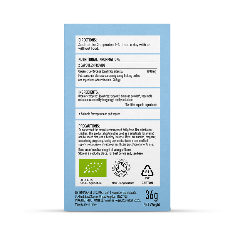 Mushrooms For Life Organic Cordyceps Capsules 60, imported from the UK