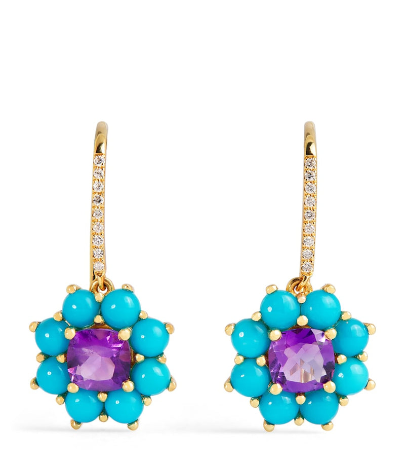 Jennifer Meyer gold flower drop earrings turquoise amethyst 23.5mm - British product