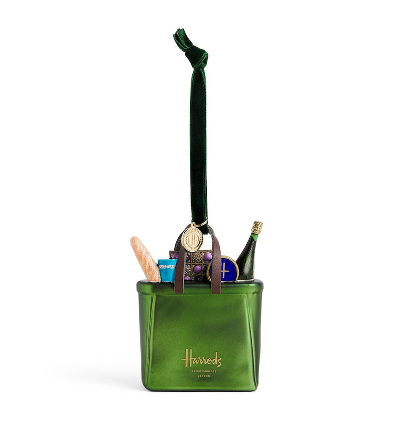 Harrods shopper tree decoration in green and gold - British product