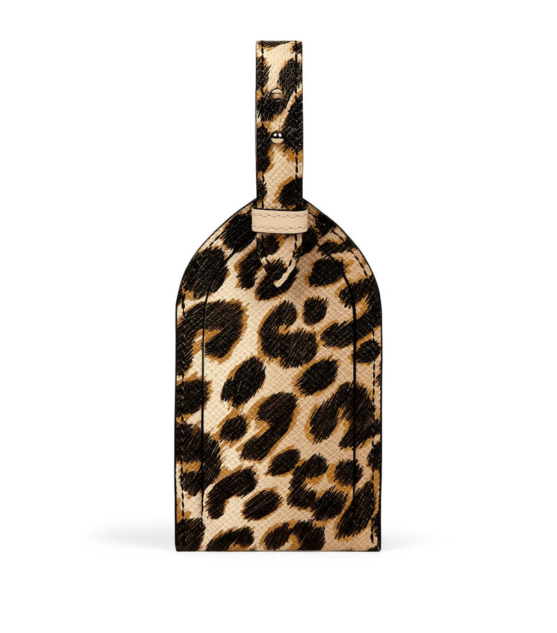 Smythson Panama leather luggage tag with leopard print (British brand)