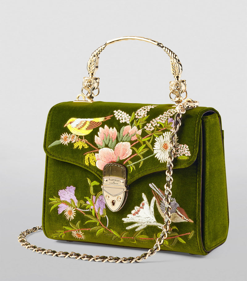 Aspinal of London midi velvet embroidered Mayfair top-handle bag (British brand)