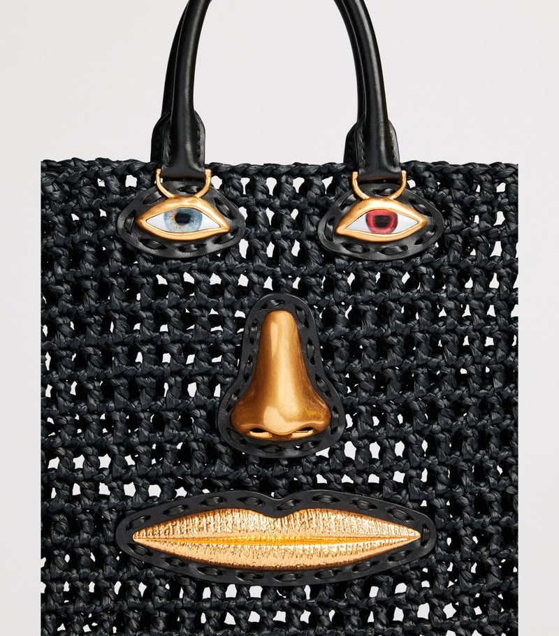 Schiaparelli raffia face tote bag H32cm with leather trims (British brand)