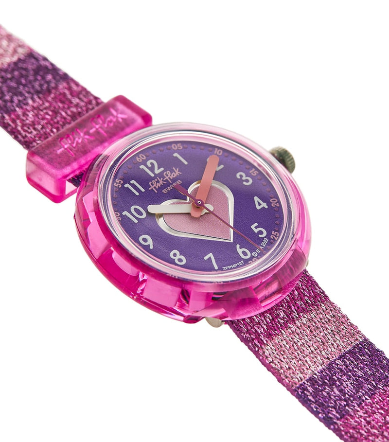 Flik Flak Stripy Glitter watch with bio-based case (British brand)