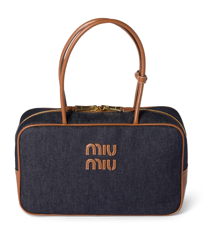 Miu Miu Beau denim top-handle bag with calf leather trims (British brand)