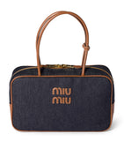 Miu Miu Beau denim top-handle bag with calf leather trims (British brand)