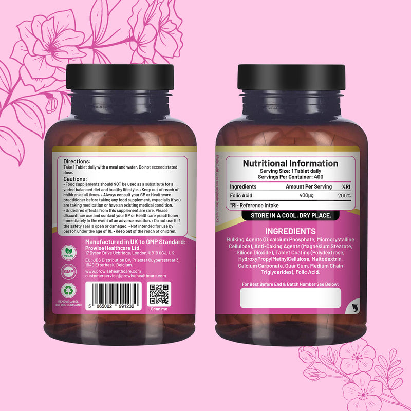 Prowise Healthcare folic acid supplement 400mcg 400 tablets, imported from the UK