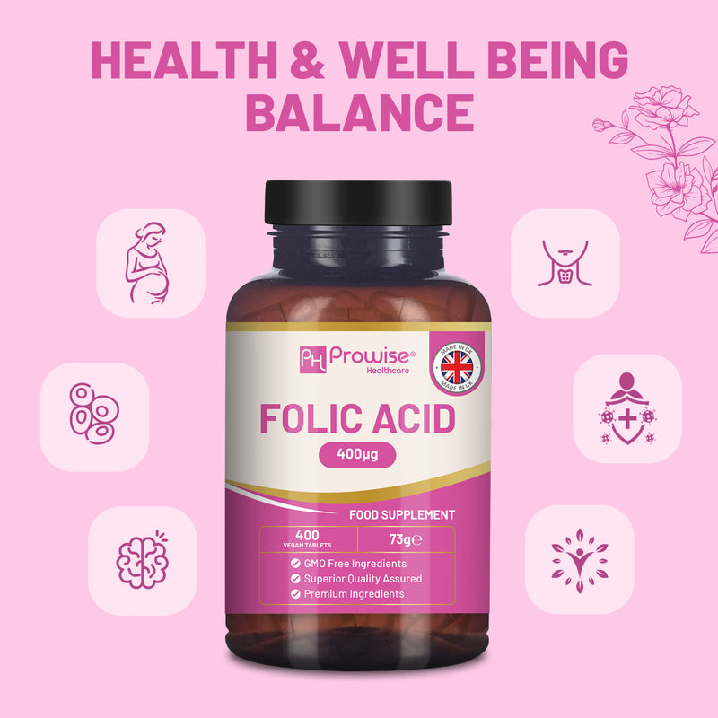 Prowise Healthcare folic acid supplement 400mcg 400 tablets, imported from the UK