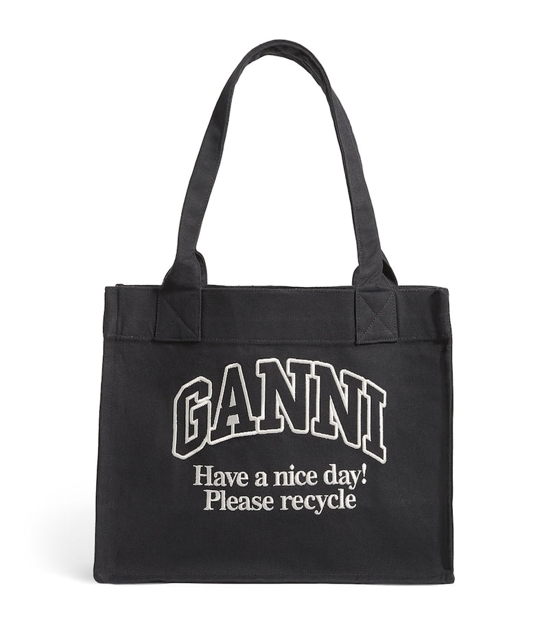 GANNI large recycled cotton tote bag with slogan, imported from the UK