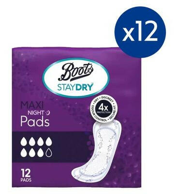 Staydry Maxi Night Pads for Moderate to Heavy Incontinence 12 Pack Bundle – 144 Liners GOODS Boots