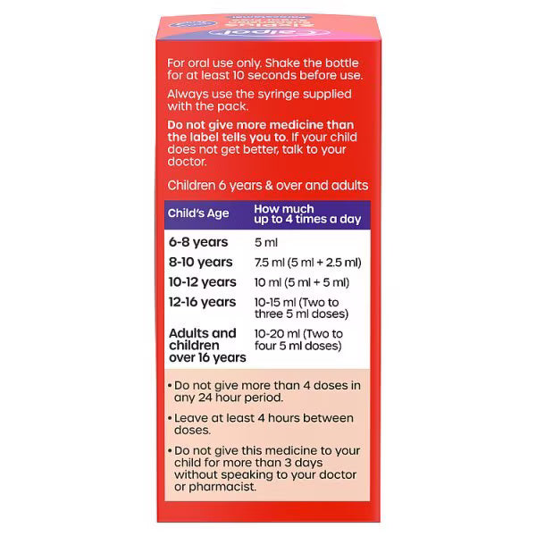 Calpol SixPlus Strawberry Suspension Sugar Free 80ml - British product