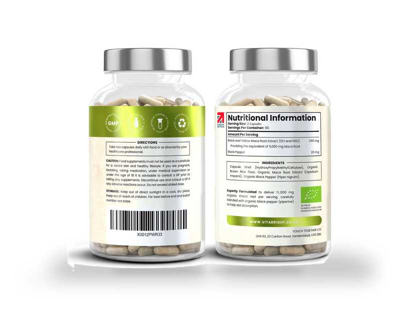 VitaBright black and yellow maca root capsules 180 capsules - British product