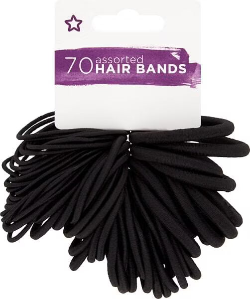 Superdrug black hair bands assorted sizes pack of 70 (British brand)