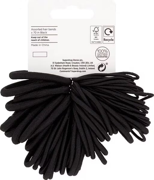 Superdrug black hair bands assorted sizes pack of 70 (British brand)