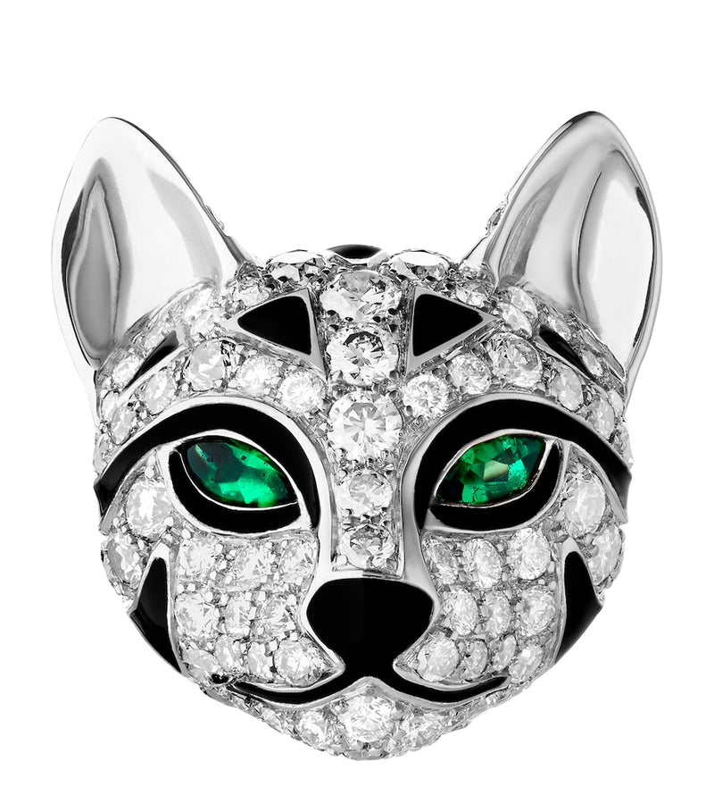 Boucheron cat earrings white gold diamonds emeralds, imported from the UK