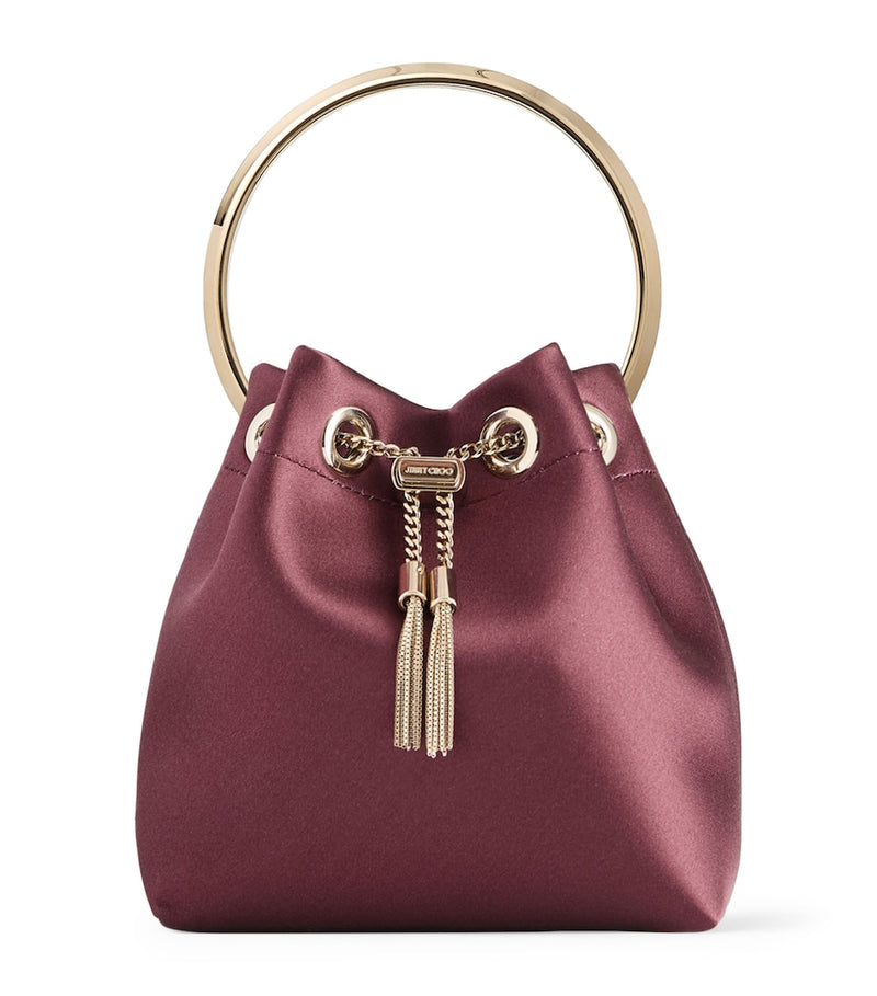 Jimmy Choo Bon Bon satin top-handle bag in claret, imported from the UK