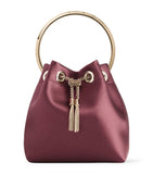 Jimmy Choo Bon Bon satin top-handle bag in claret, imported from the UK